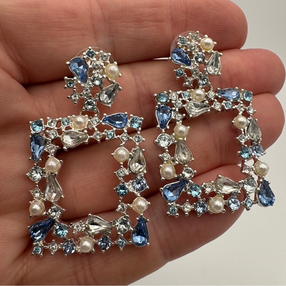 Statement Drop Earrings | Blue Crystal & Pearl | Silver Tone | Pierced - Picture 1 of 6